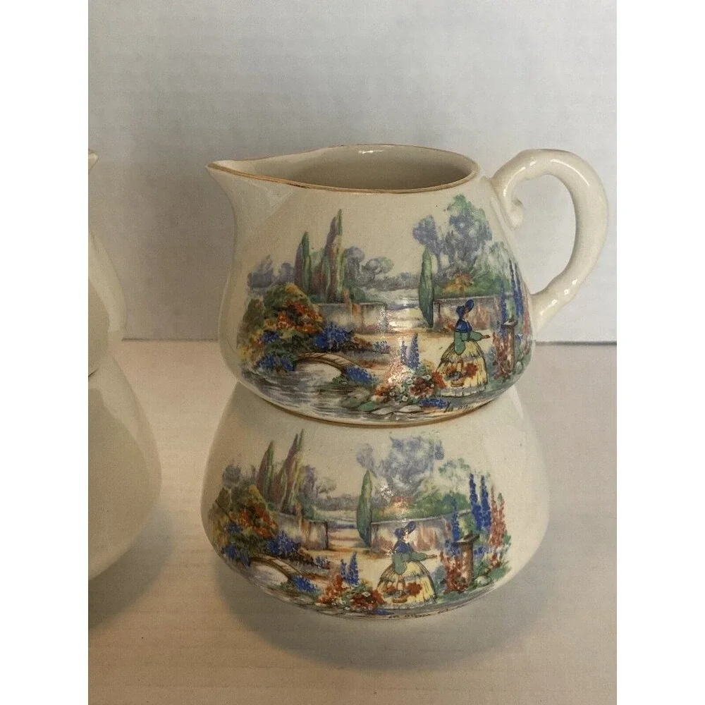 2 Sugar bowl Creamer Set Lancaster Sandland English Ware Hanley England Stacking